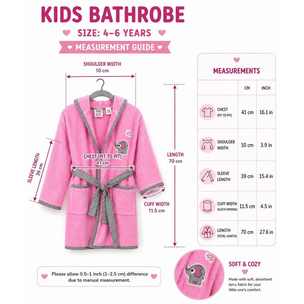 Kids Pink Bathrobe 100% Cotton Hooded Elephant Soft Robe 4-6 Years - Picture 3 of 7